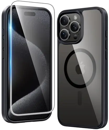 FNTCASE for iPhone 15 Pro-Max Case: Clear Magnetic Phone Cases with Screen Protector Compatible with Magsafe Slim Anti Yellowing Rugged Shockproof Protective Transparent Cell Cover (B-Black) 