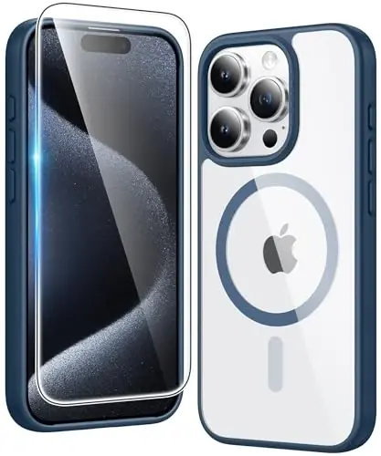 FNTCASE for iPhone 15 Pro-Max Case: Clear Magnetic Phone Cases with Screen Protector Compatible with Magsafe Slim Anti Yellowing Rugged Shockproof Protective Transparent Cell Phone Cover (B-Blue) - FNTCASE