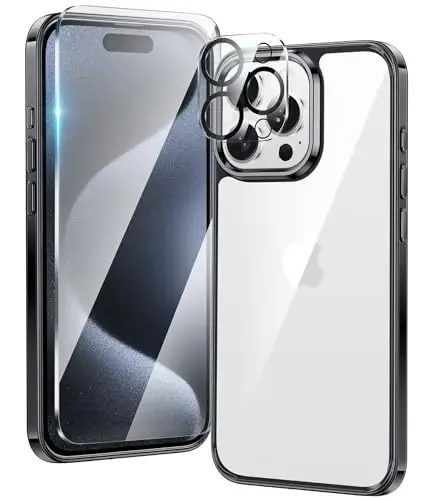 FNTCASE for iPhone 15 Pro-Max Case: Clear Phone Cases Compatible with Magsafe Slim Anti Yellowing Military Grade Drop Protection Rugged Shockproof Protective Transparent Cell Cover (D-Black) 