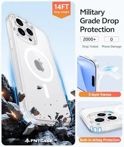FNTCASE for iPhone 15 Pro Max Case: [Compatible with Magsafe] [Screen Protector] Anti Yellowing Transparent Clear Magnetic Phone Cover - Military Grade Shockproof Drop Proof Protective Cases - Clear - 5
