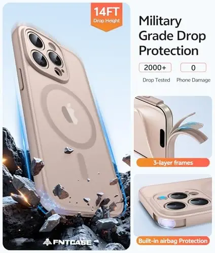 FNTCASE for iPhone 15 Pro Max Case: [Compatible with Magsafe] Translucent Matte Cases with [Full Camera Protection] [Screen Protector] Military Grade Shockproof Protective Phone Cover - Desert Gold - 5