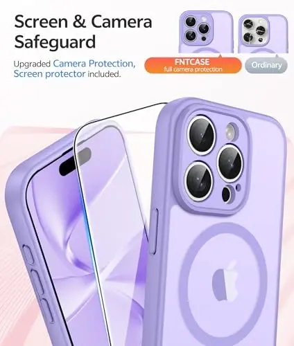 FNTCASE for iPhone 15 Pro Max Case: [Compatible with Magsafe] Translucent Matte Cases with [Full Camera Protection] [Screen Protector] Military Grade Shockproof Protective Phone Cover - Light Purple - 4