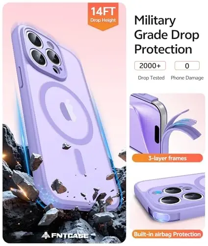 FNTCASE for iPhone 15 Pro Max Case: [Compatible with Magsafe] Translucent Matte Cases with [Full Camera Protection] [Screen Protector] Military Grade Shockproof Protective Phone Cover - Light Purple - 5
