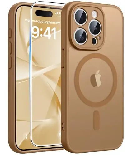 FNTCASE for iPhone 15 Pro Max Case, Fit for Magsafe, Glass Screen Protector | Full Camera Protection, Translucent Matte, 14FT Military Grade Drop Proof, Shockproof Protective Phone Cover, Brown 