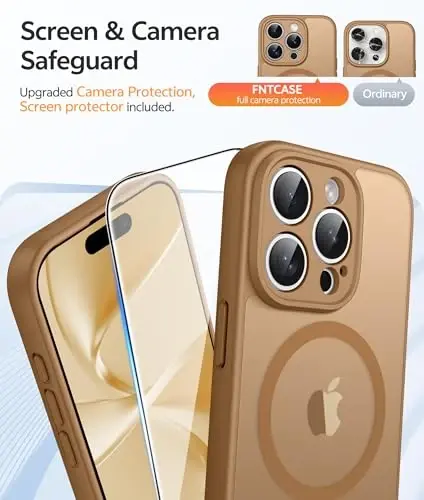 FNTCASE for iPhone 15 Pro Max Case, Fit for Magsafe, Glass Screen Protector | Full Camera Protection, Translucent Matte, 14FT Military Grade Drop Proof, Shockproof Protective Phone Cover, Brown - 4