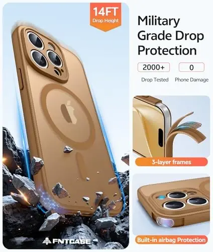 FNTCASE for iPhone 15 Pro Max Case, Fit for Magsafe, Glass Screen Protector | Full Camera Protection, Translucent Matte, 14FT Military Grade Drop Proof, Shockproof Protective Phone Cover, Brown - 5