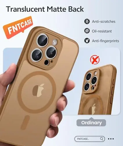 FNTCASE for iPhone 15 Pro Max Case, Fit for Magsafe, Glass Screen Protector | Full Camera Protection, Translucent Matte, 14FT Military Grade Drop Proof, Shockproof Protective Phone Cover, Brown - 6