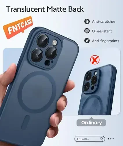 FNTCASE for iPhone 15 Pro Max Case: Kuchli magnitli telefon qutisi ekran himoyachisi bilan | Yarim shaffof mato Slim zarbga chidamli himoya tomchidan himoya telefon qopqog'i (ko'k) - 6