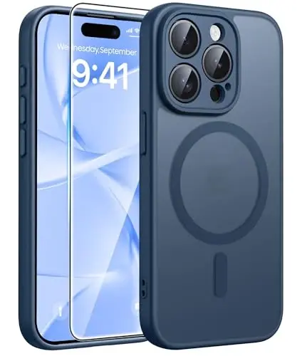 FNTCASE for iPhone 15 Pro Max Case: Kuchli magnitli telefon qutisi ekran himoyachisi bilan | Yarim shaffof mato Slim zarbga chidamli himoya tomchidan himoya telefon qopqog'i (ko'k) 