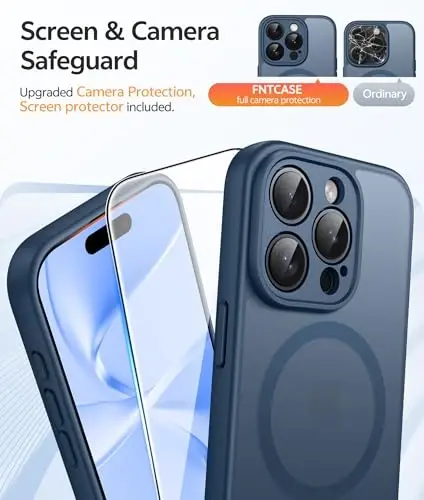 FNTCASE for iPhone 15 Pro Max Case: Kuchli magnitli telefon qutisi ekran himoyachisi bilan | Yarim shaffof mato Slim zarbga chidamli himoya tomchidan himoya telefon qopqog'i (ko'k) - 4