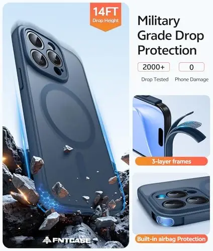 FNTCASE for iPhone 15 Pro Max Case: Kuchli magnitli telefon qutisi ekran himoyachisi bilan | Yarim shaffof mato Slim zarbga chidamli himoya tomchidan himoya telefon qopqog'i (ko'k) - 5