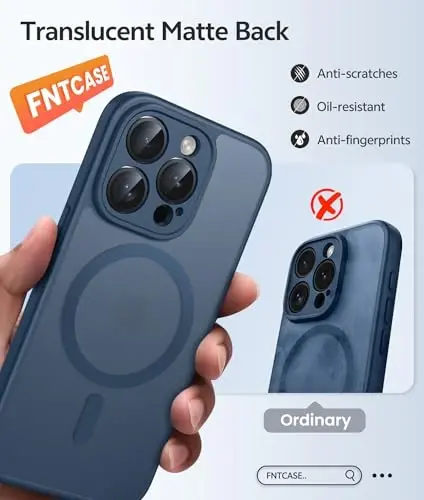FNTCASE for iPhone 15 Pro Max Case: Kuchli magnitli telefon qutisi ekran himoyachisi bilan | Yarim shaffof mato Slim zarbga chidamli himoya tomchidan himoya telefon qopqog'i (ko'k) - 6