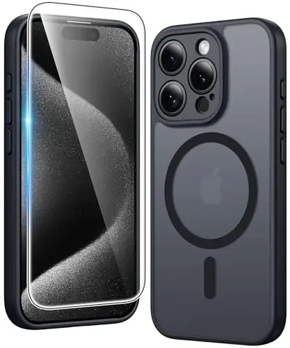 FNTCASE for iPhone 15 Pro-Max Case: Matte Magnetic Phone Cases with Screen Protector Compatible with Magsafe Slim Anti Yellowing Rugged Shockproof Protective Translucent Cell Cover (C-Black) - 1