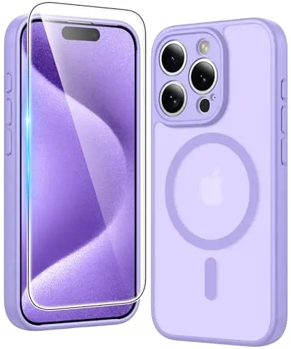 FNTCASE for iPhone 15 Pro-Max Case: Matte Magnetic Phone Cases with Screen Protector Compatible with Magsafe Slim Anti Yellowing Rugged Shockproof Protective Translucent Cell Cover (C-Purple) 