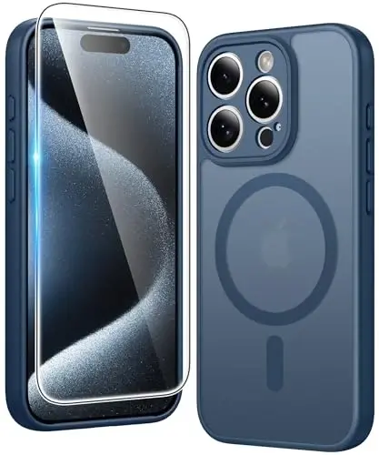 FNTCASE for iPhone 15 Pro-Max Case: Matte Magnetic Phone Cases with Screen Protector Compatible with Magsafe Slim Anti Yellowing Rugged Shockproof Protective Translucent Cell Phone Cover (C-Blue) 