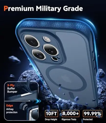 FNTCASE for iPhone 15 Pro-Max Case: Matte Magnetic Phone Cases with Screen Protector Compatible with Magsafe Slim Anti Yellowing Rugged Shockproof Protective Translucent Cell Phone Cover (C-Blue) - 6