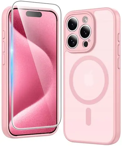 FNTCASE for iPhone 15 Pro-Max Case: Matte Magnetic Phone Cases with Screen Protector Compatible with Magsafe Slim Anti Yellowing Rugged Shockproof Protective Translucent Cell Phone Cover (C-Pink) - FNTCASE