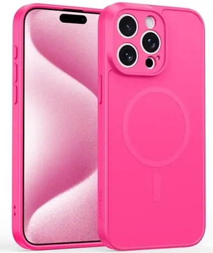 FNTCASE for iPhone 15 Pro-Max Case: Matte Magnetic Phone Cases with Screen Protector Drop Proof Compatible with Magsafe Slim Anti Yellowing Rugged Protective Hard Cover (D-Hot Pink Soild) - 1