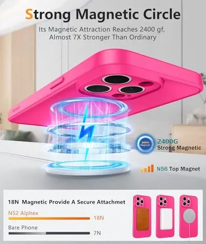 FNTCASE for iPhone 15 Pro-Max Case: Matte Magnetic Phone Cases with Screen Protector Drop Proof Compatible with Magsafe Slim Anti Yellowing Rugged Protective Hard Cover (D-Hot Pink Soild) - 4