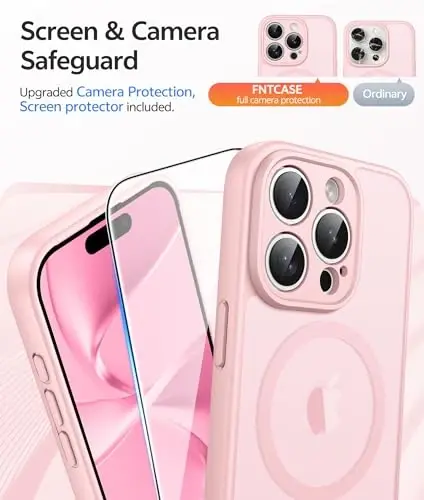 FNTCASE for iPhone 15 Pro Max Case: Strong Magnetic Phone Case with Screen Protector | Translucent Matte Slim Shockproof Protective Drop Protection Phone Cover(Light Pink) - 4