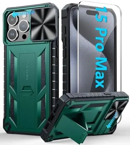 FNTCASE for iPhone 15-Pro-Max Case with Kickstand & Slide Green | Military Grade Dropproof Protection, Heavy Duty Rugged Cell Cover, Bumper, Green - 1