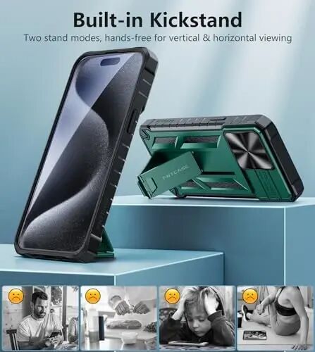 FNTCASE for iPhone 15-Pro-Max Case with Kickstand & Slide Green | Military Grade Dropproof Protection, Heavy Duty Rugged Cell Cover, Bumper, Green - 4