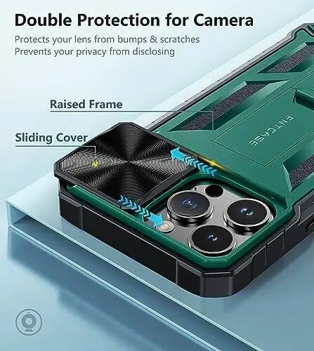 FNTCASE for iPhone 15-Pro-Max Case with Kickstand & Slide Green | Military Grade Dropproof Protection, Heavy Duty Rugged Cell Cover, Bumper, Green - 3