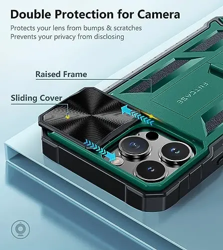 FNTCASE for iPhone 15-Pro-Max Case with Kickstand & Slide Green | Military Grade Dropproof Protection, Heavy Duty Rugged Cell Cover, Bumper, Green - 3