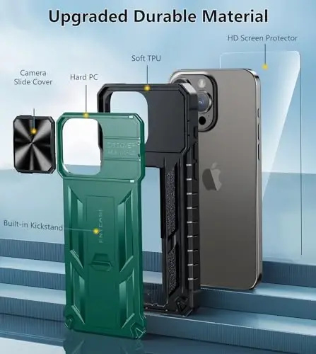 FNTCASE for iPhone 15-Pro-Max Case with Kickstand & Slide Green | Military Grade Dropproof Protection, Heavy Duty Rugged Cell Cover, Bumper, Green - 5