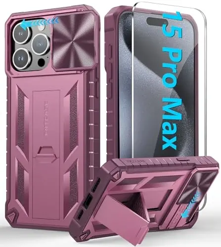 FNTCASE for iPhone 15-Pro-Max Case with Kickstand & Slide Rose Pink | Military Grade Dropproof Protection, Heavy Duty Rugged Cell Cover, Bumper, Hot Pink - 1