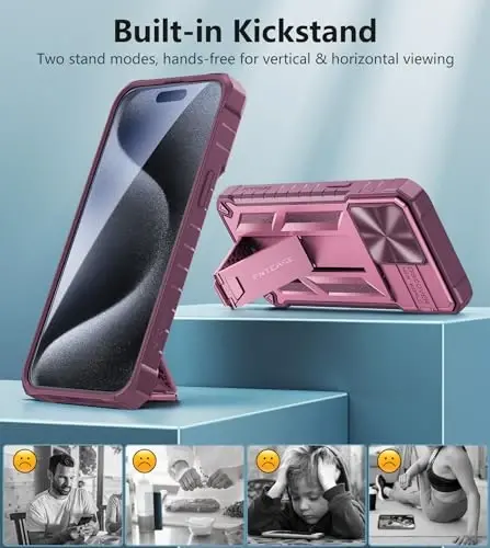 FNTCASE for iPhone 15-Pro-Max Case with Kickstand & Slide Rose Pink | Military Grade Dropproof Protection, Heavy Duty Rugged Cell Cover, Bumper, Hot Pink - 4