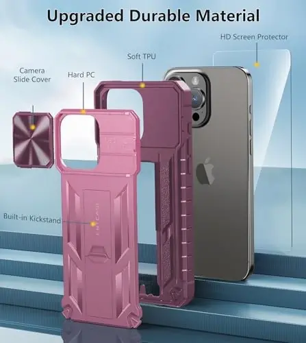 FNTCASE for iPhone 15-Pro-Max Case with Kickstand & Slide Rose Pink | Military Grade Dropproof Protection, Heavy Duty Rugged Cell Cover, Bumper, Hot Pink - 5