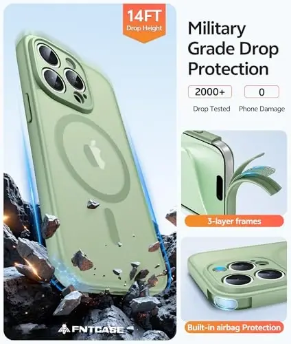 FNTCASE for iPhone 15 Pro Max G'ilof: [Magsafe bilan mos keladi] [To'liq kamera muhofazasi] [Ekran himoya oynasi] bilan shaffof mat g'iloflar Harbiy darajadagi zarbaga chidamli himoya telefon qopqog'i - Och Mox yashil - 5