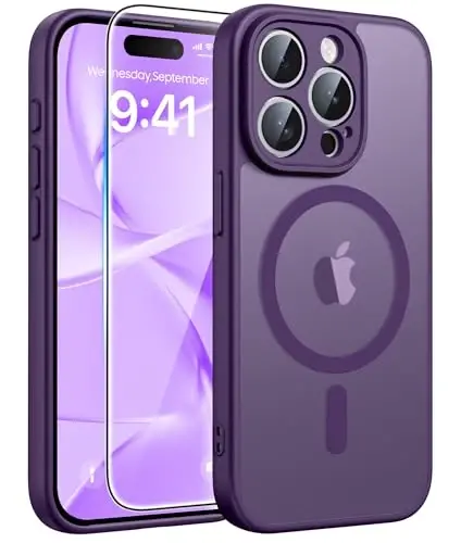 FNTCASE for iPhone 15 Pro Max Case, Fit for Magsafe, Glass Screen Protector | Full Camera Protection, Translucent Matte, 14FT Military Grade Drop Proof, Shockproof Protective Phone Cover, Purple 