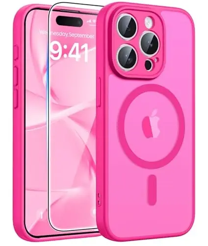 FNTCASE for iPhone 15 Pro Max Kliyof: [Magsafe bilan mos keladi] [To'liq kamera muhofazasi] va [Ekran himoya oynasi] bilan yarim shaffof mat g'iloflar Harbiy darajadagi zarbaga chidamli himoya telefon qopqog'i - To'q pushti 