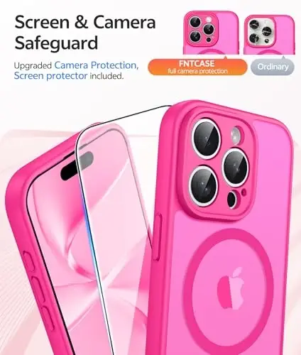 FNTCASE for iPhone 15 Pro Max Kliyof: [Magsafe bilan mos keladi] [To'liq kamera muhofazasi] va [Ekran himoya oynasi] bilan yarim shaffof mat g'iloflar Harbiy darajadagi zarbaga chidamli himoya telefon qopqog'i - To'q pushti - 4