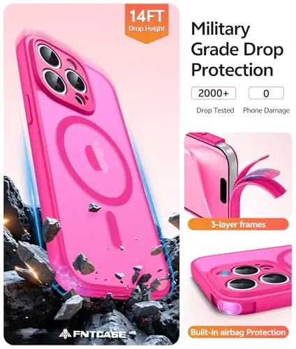 FNTCASE for iPhone 15 Pro Max Kliyof: [Magsafe bilan mos keladi] [To'liq kamera muhofazasi] va [Ekran himoya oynasi] bilan yarim shaffof mat g'iloflar Harbiy darajadagi zarbaga chidamli himoya telefon qopqog'i - To'q pushti - 5