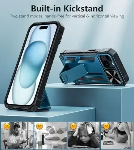 FNTCASE for iPhone 15 Protective Phone-Case: for iPhone 14/iPhone 13 Military Grade Dropproof Cell Phone Cover with Kickstand & Slide | Heavy Duty Rugged Phonecase Bumper Textured | Heavy Duty (Blue) - 5