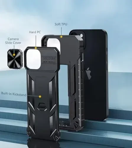 FNTCASE for iPhone 15 Protective Phone-Case: for iPhone 16e Military Grade Dropproof Phone Cover with Kickstand & Slide | Heavy Duty Rugged Phonecase Bumper Textured (Black) - 6