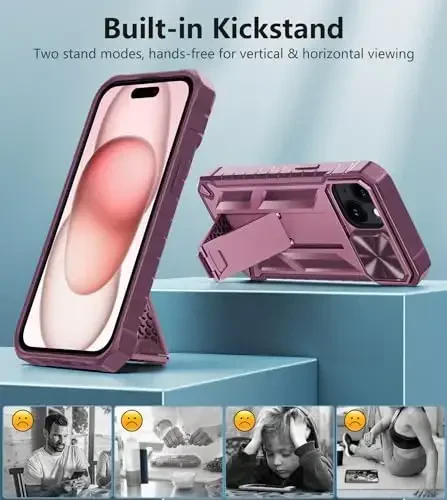 FNTCASE for iPhone 15 Protective Phone-Case: for iPhone 16e/iPhone 14 Military Grade Dropproof Cell Phone Cover with Kickstand & Slide | Heavy Duty Rugged Phonecase Bumper Textured(Rose Pink) - 5