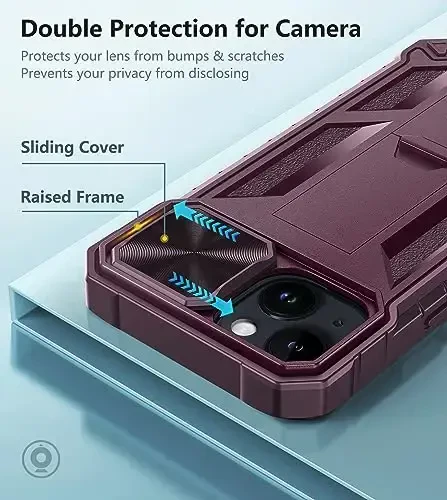 FNTCASE for iPhone 15 Protective Phone-Case: iPhone 16e/iPhone 14 Military Grade Dropproof Cell Phone Cover with Kickstand & Slide | Heavy Duty Rugged Phonecase Bumper Textured (Burgundy) - 3