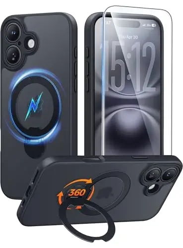FNTCASE for iPhone 16 Case: [360 Spin Magnetic Stand] [Compatible with Magsafe] [Screen Protector] Translucent Matte Military Grade Shockproof Full Camera Protective Phone Cover - Black - FNTCASE