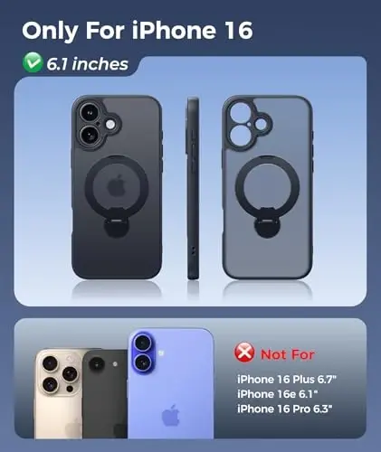 FNTCASE for iPhone 16 Case: [360 Spin Magnetic Stand] [Compatible with Magsafe] [Screen Protector] Translucent Matte Military Grade Shockproof Full Camera Protective Phone Cover - Black - FNTCASE (1)