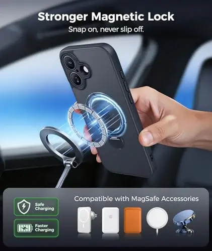FNTCASE for iPhone 16 Case: [360 Spin Magnetic Stand] [Compatible with Magsafe] [Screen Protector] Translucent Matte Military Grade Shockproof Full Camera Protective Phone Cover - Black - 5