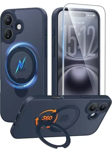 FNTCASE for iPhone 16 Case: [360 Spin Magnetic Stand] [Compatible with Magsafe] [Screen Protector] Translucent Matte Military Grade Shockproof Full Camera Protective Phone Cover - Deep Blue - 1