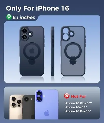 FNTCASE for iPhone 16 Case: [360 Spin Magnetic Stand] [Compatible with Magsafe] [Screen Protector] Translucent Matte Military Grade Shockproof Full Camera Protective Phone Cover - Deep Blue - 2