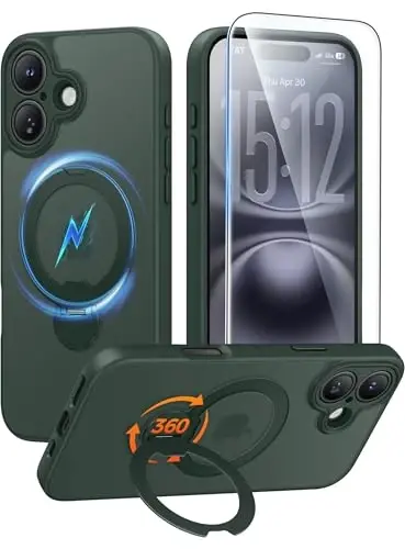 FNTCASE for iPhone 16 Case: [360 Spin Magnetic Stand] [Compatible with Magsafe] [Screen Protector] Translucent Matte Military Grade Shockproof Full Camera Protective Phone Cover - Green - 1