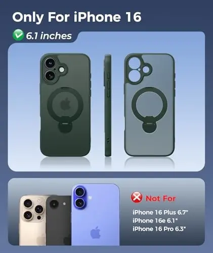 FNTCASE for iPhone 16 Case: [360 Spin Magnetic Stand] [Compatible with Magsafe] [Screen Protector] Translucent Matte Military Grade Shockproof Full Camera Protective Phone Cover - Green - 2