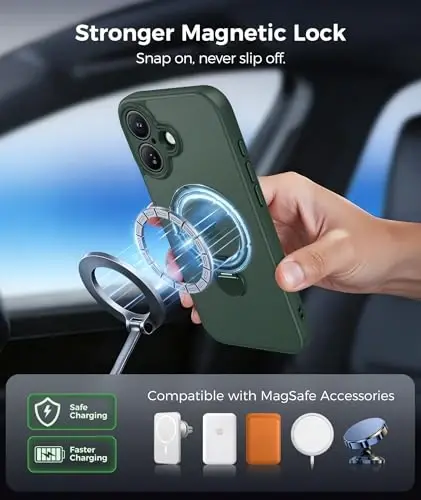 FNTCASE for iPhone 16 Case: [360 Spin Magnetic Stand] [Compatible with Magsafe] [Screen Protector] Translucent Matte Military Grade Shockproof Full Camera Protective Phone Cover - Green - 5