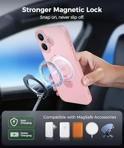 FNTCASE for iPhone 16 Case: [360 Spin Magnetic Stand] [Compatible with Magsafe] [Screen Protector] Translucent Matte Military Grade Shockproof Full Camera Protective Phone Cover - Pink - 5
